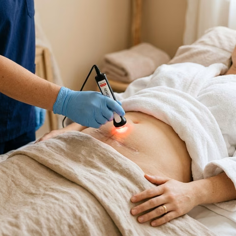Aplicação de laserterapia terapêutica para cicatrização de cesárea na clínica Lima's Therapy em Campo Grande RJ