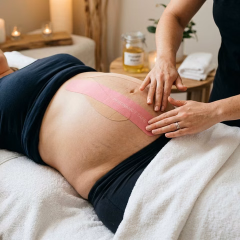 Aplicação de taping gestacional e massagem terapêutica na barriga de uma grávida no spa Lima's Therapy em Campo Grande, RJ